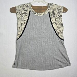Ces Femme Sleeveless Floral Print Top Women L Gray Ribbed Blend boho boutique